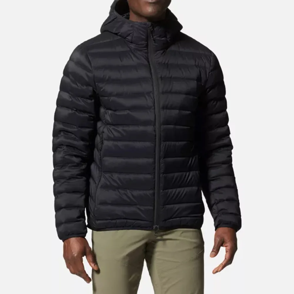 Men’s Puffer Jacket — Army Green, Black, Yellow & Blue — Black, front view, worn