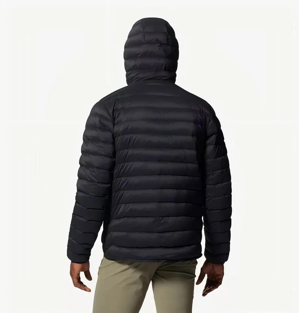 Men’s Puffer Jacket — Army Green, Black, Yellow & Blue — Black, back view with hood, worn
