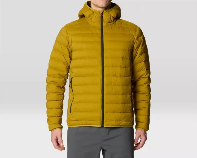 Men’s Puffer Jacket — Army Green, Black, Yellow & Blue — Yellow, front view, worn