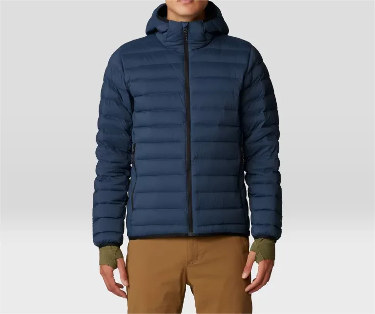 Men’s Puffer Jacket — Army Green, Black, Yellow & Blue — Blue, front view, worn