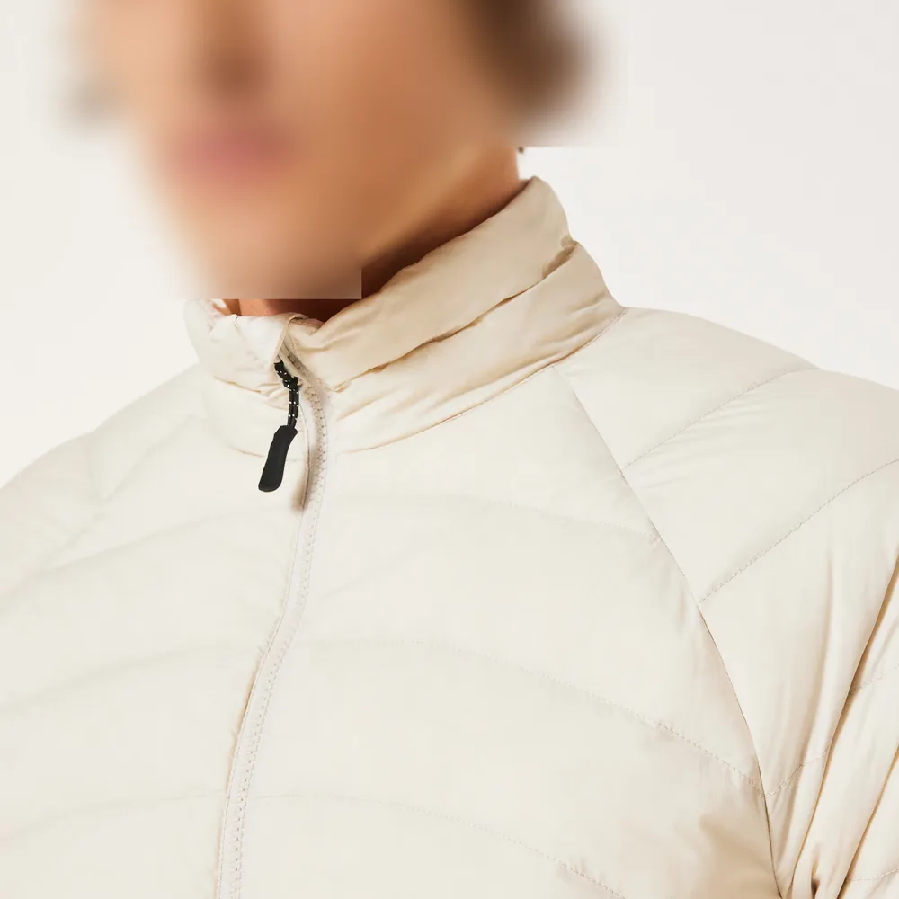 Men’s Puffer Jacket — Beige & Black — Beige, collar detail, worn