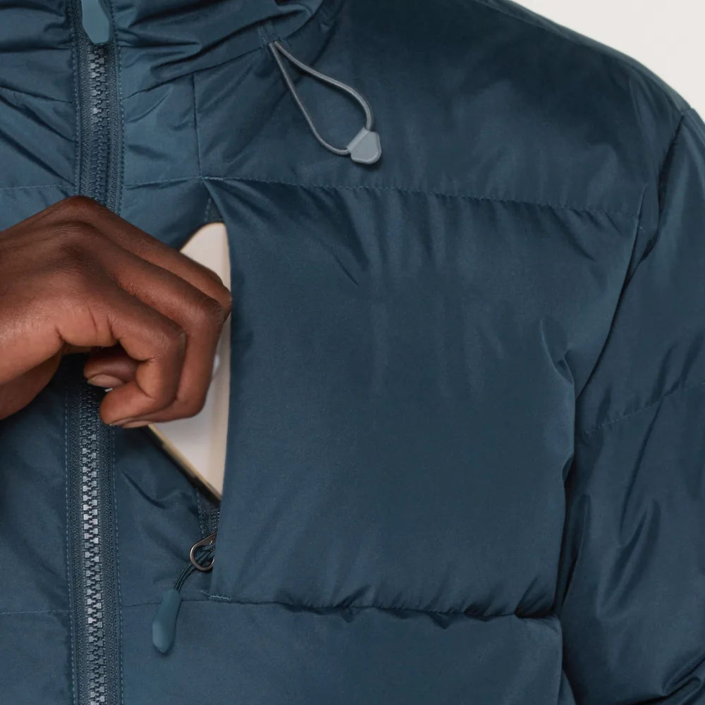Men’s Puffer Jacket — Navy & Black — Navy, chest pocket detail, worn