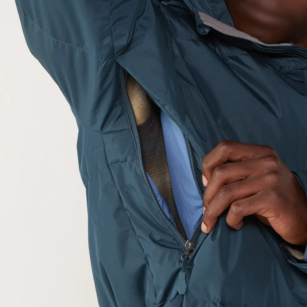 Men’s Puffer Jacket — Navy & Black — Navy, side zip detail, worn
