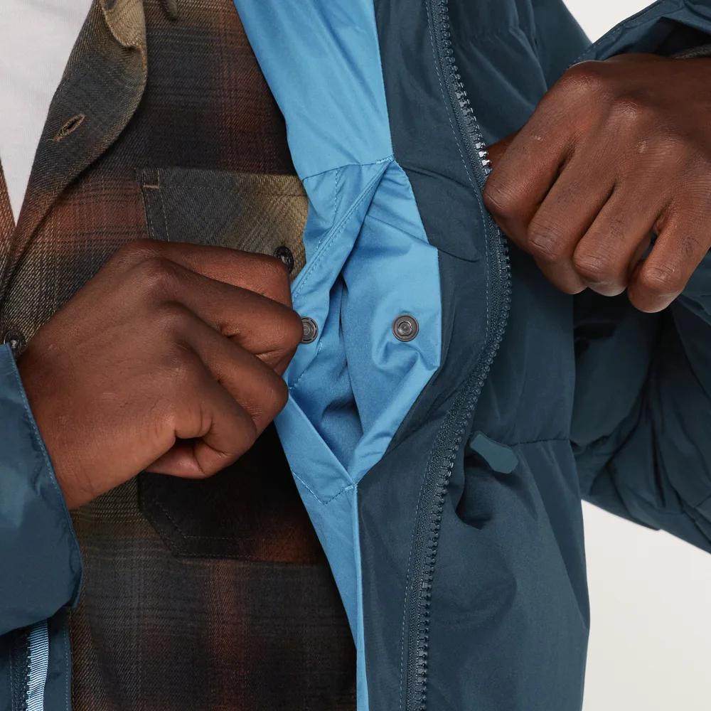 Men’s Puffer Jacket — Navy & Black — Navy, storm placket detail, worn