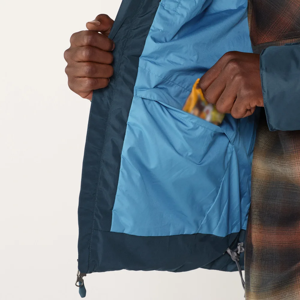 Men’s Puffer Jacket — Navy & Black — Navy, inner pocket detail, worn