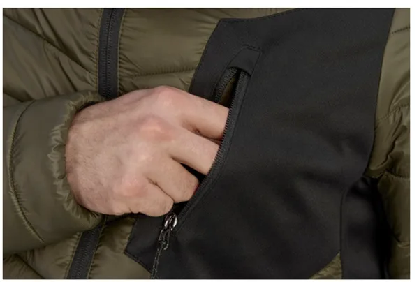Men’s Quilted Jacket — Olive & Dark Brown — Olive, chest pocket detail, worn