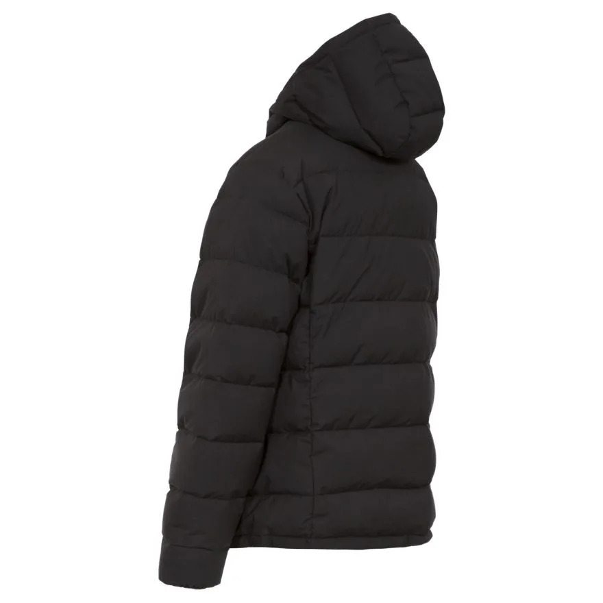 Men’s Quilted Puffer Jacket — Black & Navy — Black, side view with hood