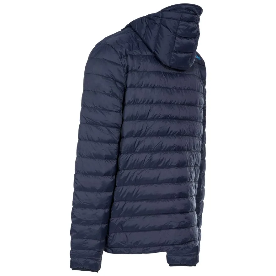 Men’s Quilted Puffer Jacket — Black & Navy — Navy, side view with hood