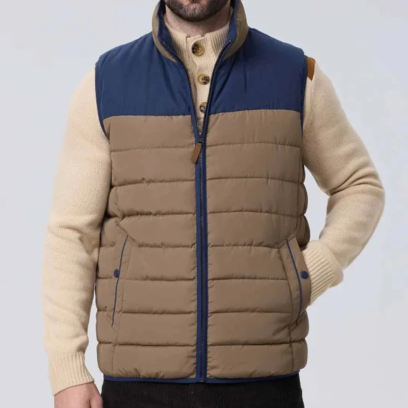 Men's Quilted Puffer Vest — 2 Colourways — Tan & Navy, worn front view