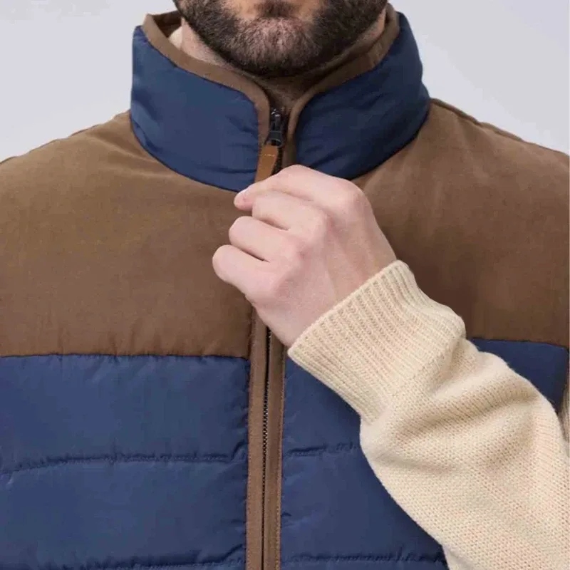 Men's Quilted Puffer Vest — 2 Colourways — Navy & Brown, collar and zip close-up
