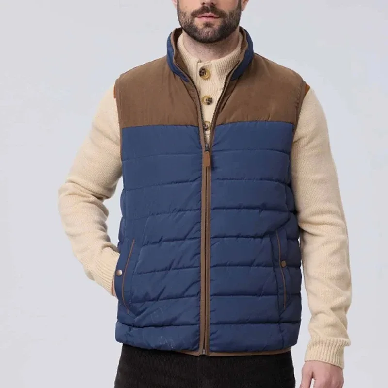Men's Quilted Puffer Vest — 2 Colourways — Navy & Brown, worn front view