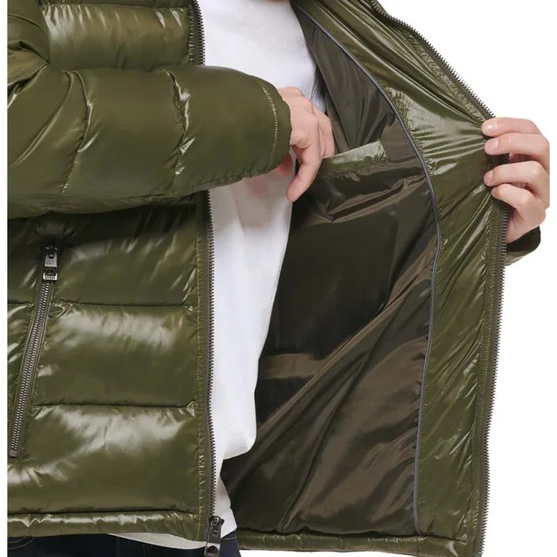 Men's Quilted Workwear Puffer Jacket — 1 Colourway — Olive Green, pocket, zip and lining close-up