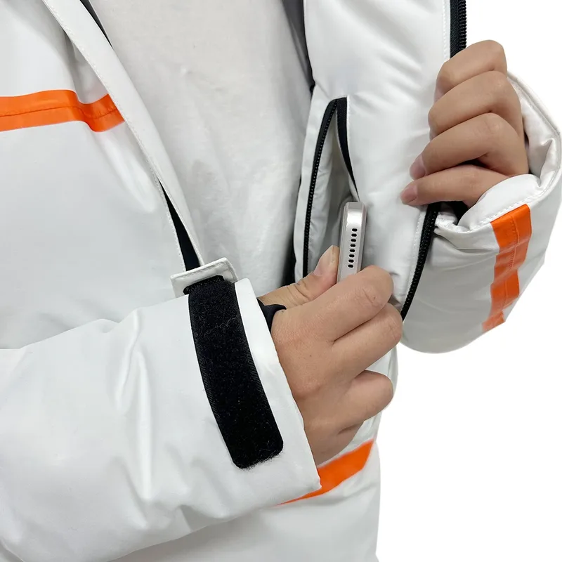 Men's Recycled Anorak Ski Jacket — White & Orange — White & Orange, inside phone pocket detail