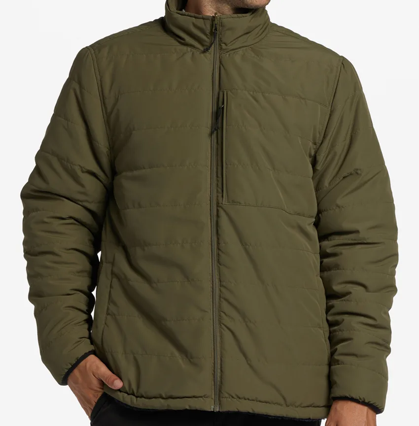 Men’s Reversible Quilted / Fleece Jacket — Olive & Black — Olive / Black (reversible), quilted side, front view, worn