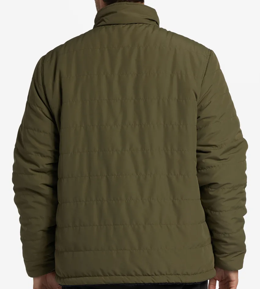 Men’s Reversible Quilted / Fleece Jacket — Olive & Black — Olive / Black (reversible), quilted side, back view, worn