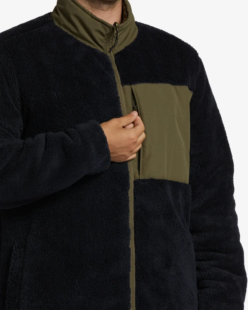 Men’s Reversible Quilted / Fleece Jacket — Olive & Black — Olive / Black (reversible), fleece side, front detail, worn