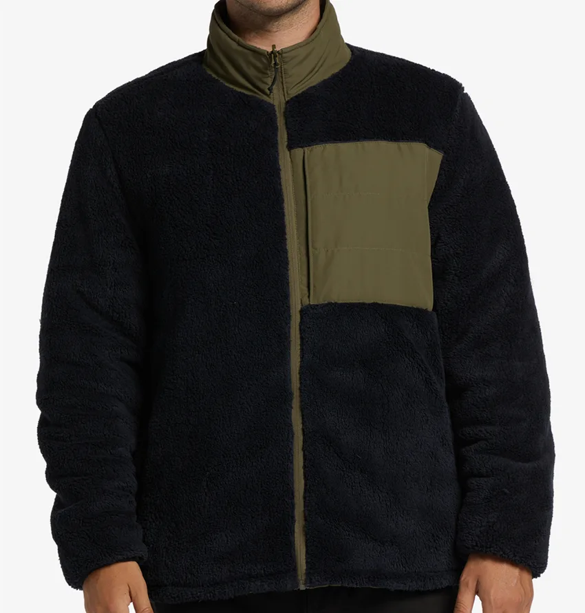 Men’s Reversible Quilted / Fleece Jacket — Olive & Black — Olive / Black (reversible), fleece side, front view, worn