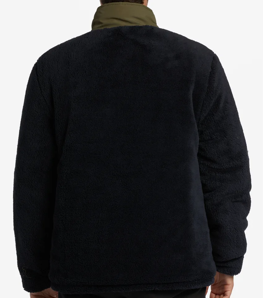 Men’s Reversible Quilted / Fleece Jacket — Olive & Black — Olive / Black (reversible), fleece side, back view, worn