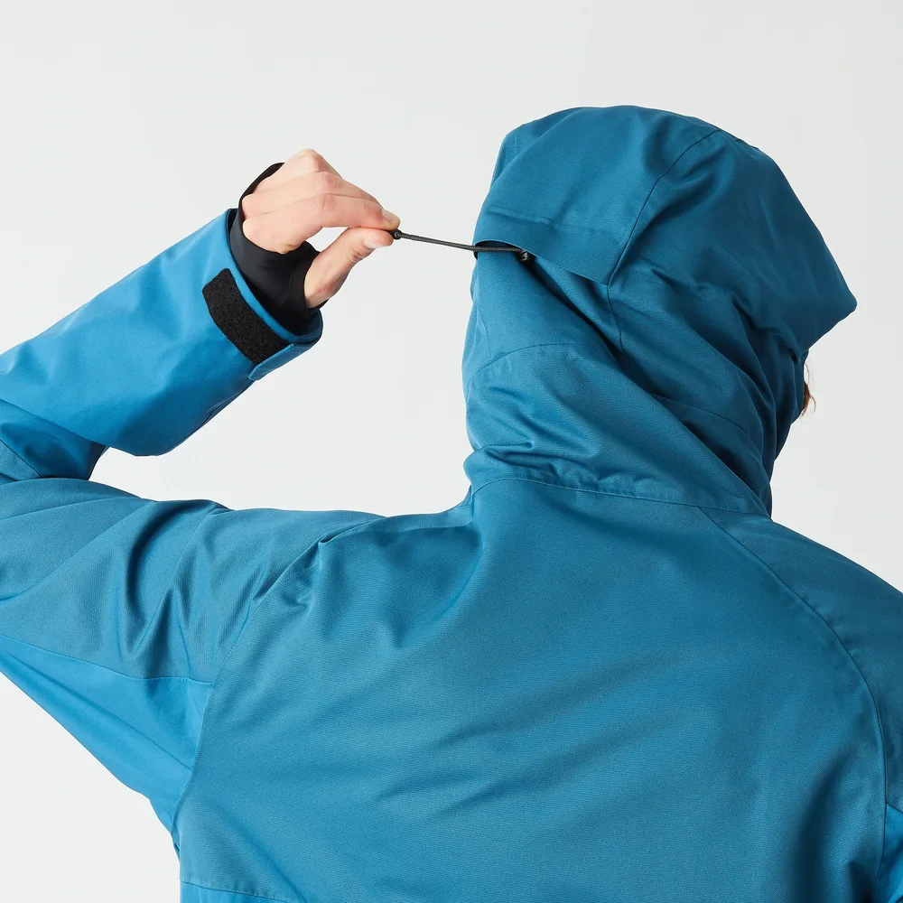 Men's Ski Jacket — Blue — Blue, hood drawcord, worn back view