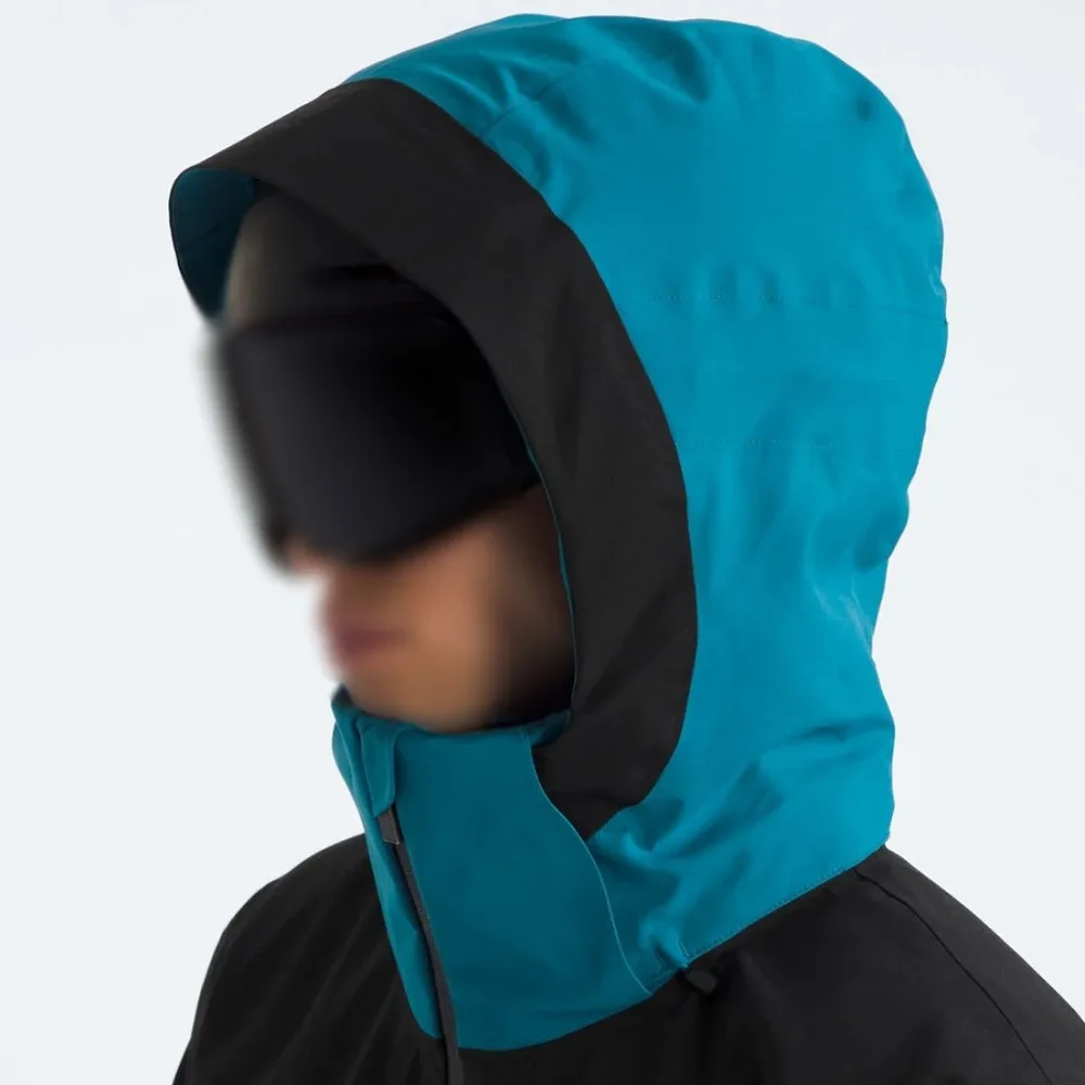 Men's Ski Jacket — Blue/Black — Blue/Black, hood over goggles, side view