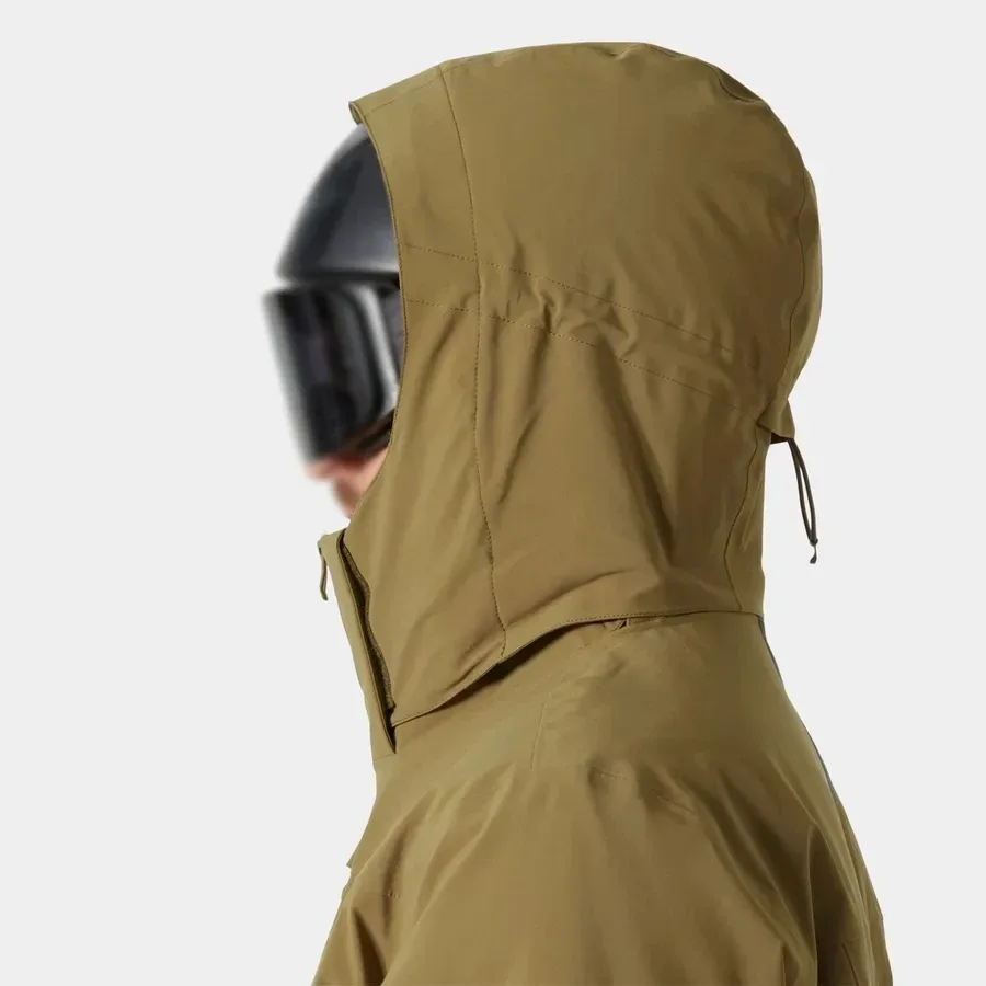 Men's Ski Jacket — Brown — Brown, hood over helmet, side view