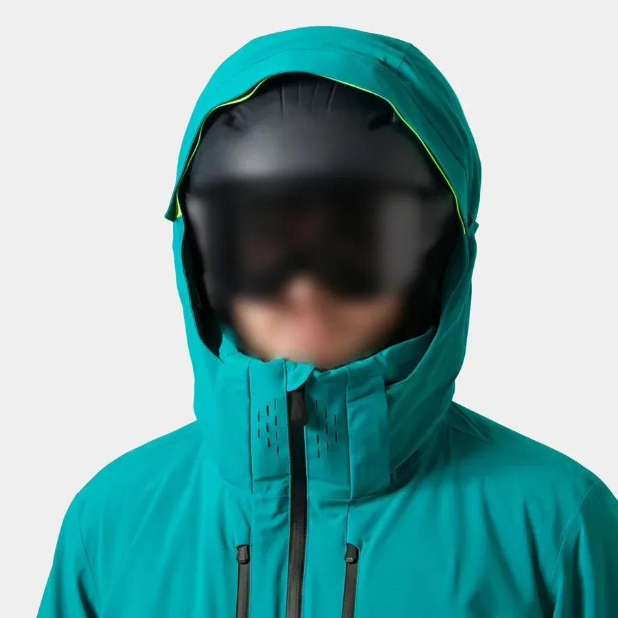 Men's Ski Jacket — Signal Green — Signal Green, hood over helmet, front view
