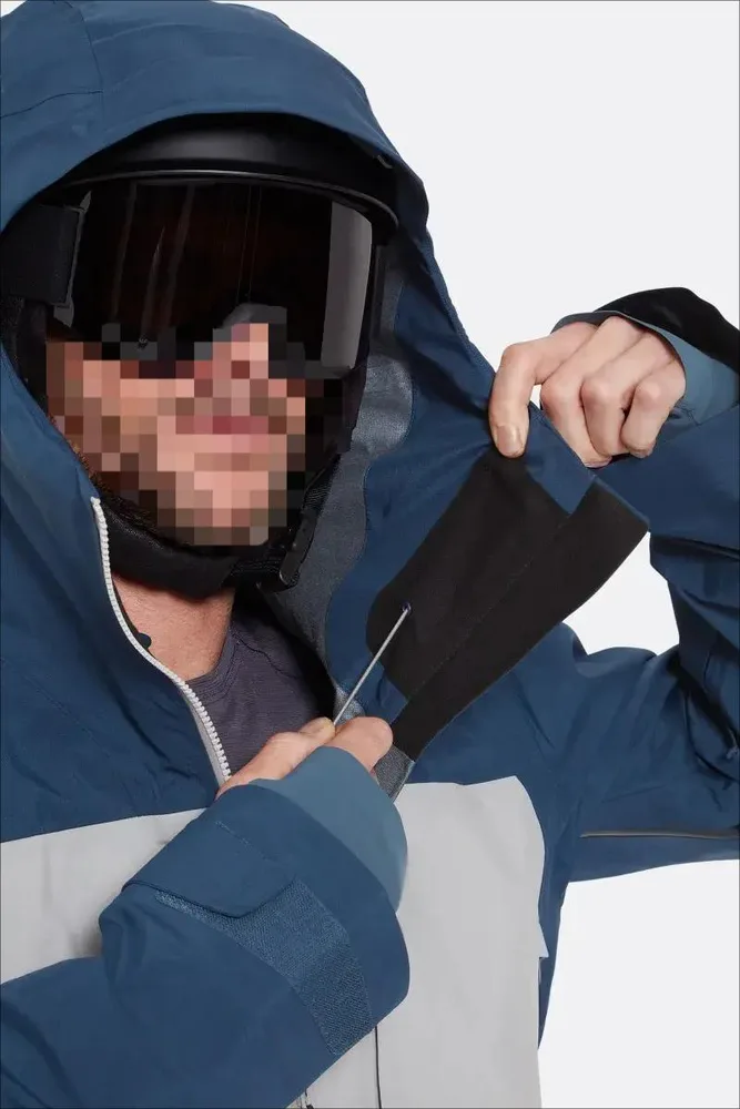 Men's Ski Jacket — Sky Blue & Olive — worn view with helmet and goggles
