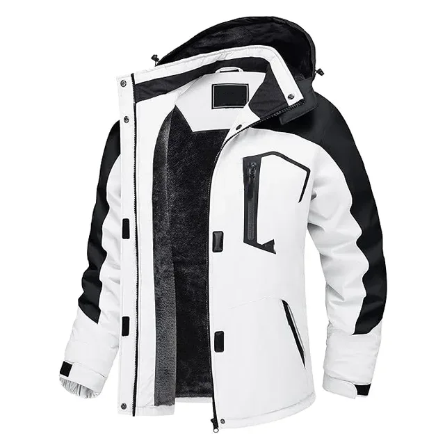 Men’s Ski Jacket — White & Black — White & Black, front view, open