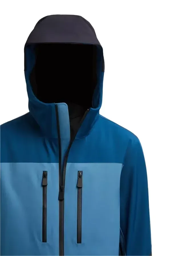 Men's Snowboard Jacket — Blue & Black — Blue & Black, front view, hood up