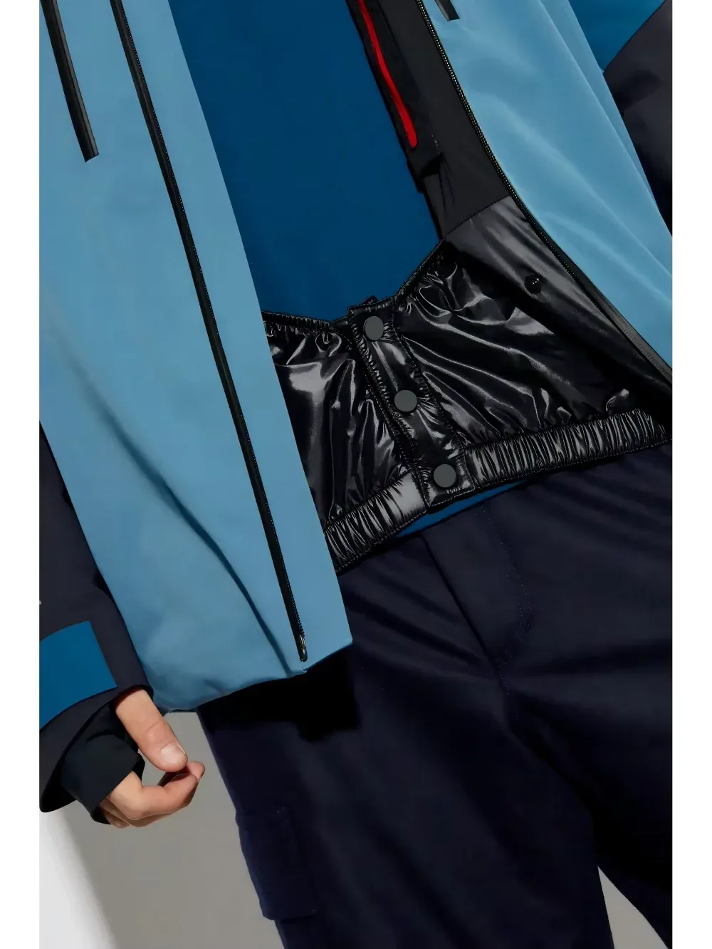 Men's Snowboard Jacket — Blue & Black — Blue & Black, powder skirt detail