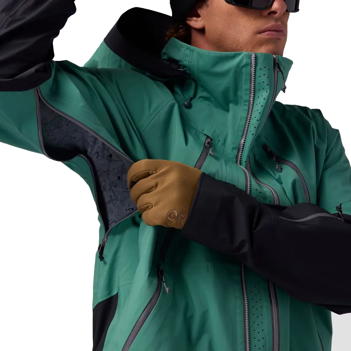 Men's Snowboard Jacket — Green & Black — Green & Black, underarm vent detail