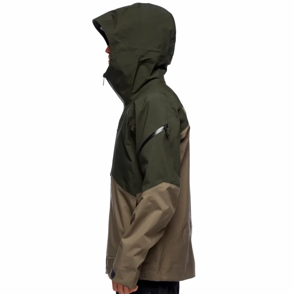 Men’s Snowboard Jacket — Olive & Khaki — Olive & Khaki, worn side view, hood up