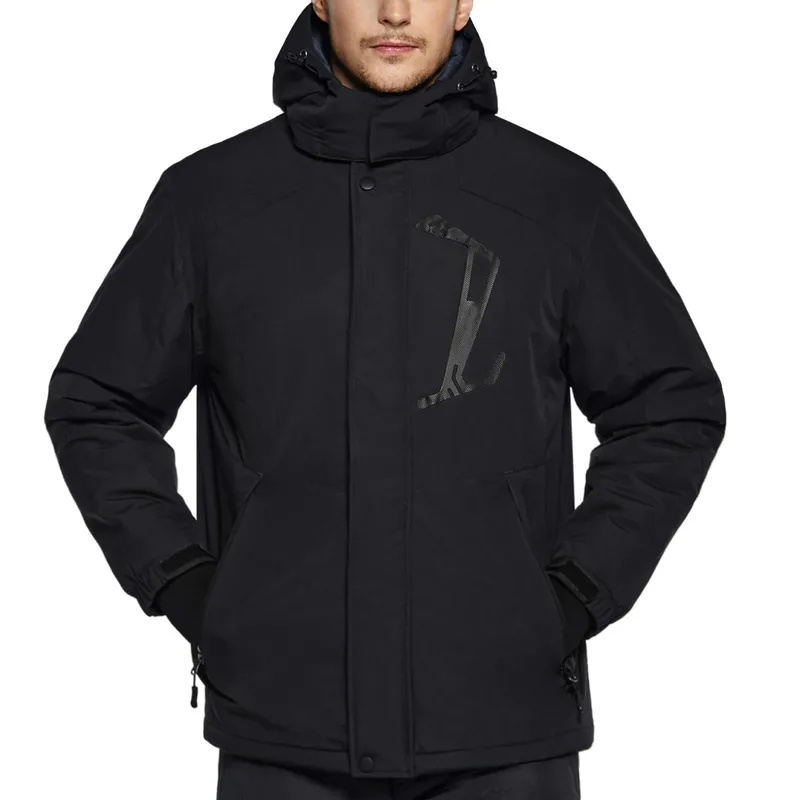 Men's Insulated Softshell Jacket — 3 Colourways — Black, front view with chest print detail