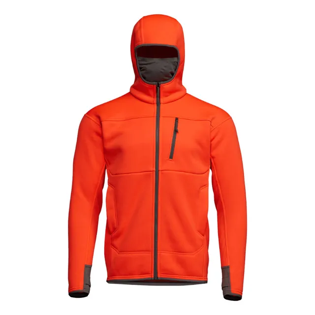 Men’s Softshell Jacket with Integrated Face Mask — Orange — Orange, front view with face mask up