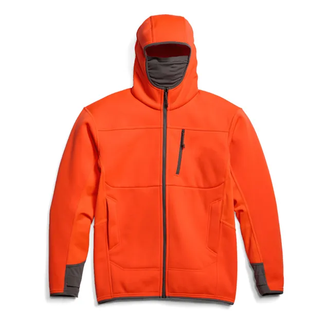 Men’s Softshell Jacket with Integrated Face Mask — Orange — Orange, front view with hood down