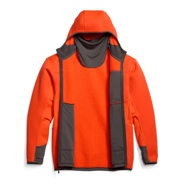 Men’s Softshell Jacket with Integrated Face Mask — Orange — Orange, open view showing fleece lining