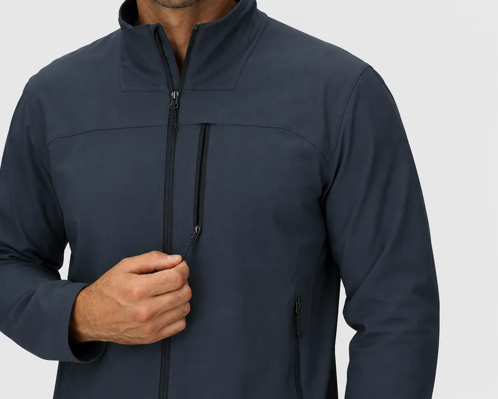 Men’s Softshell Jacket — Navy — Navy, front view, worn