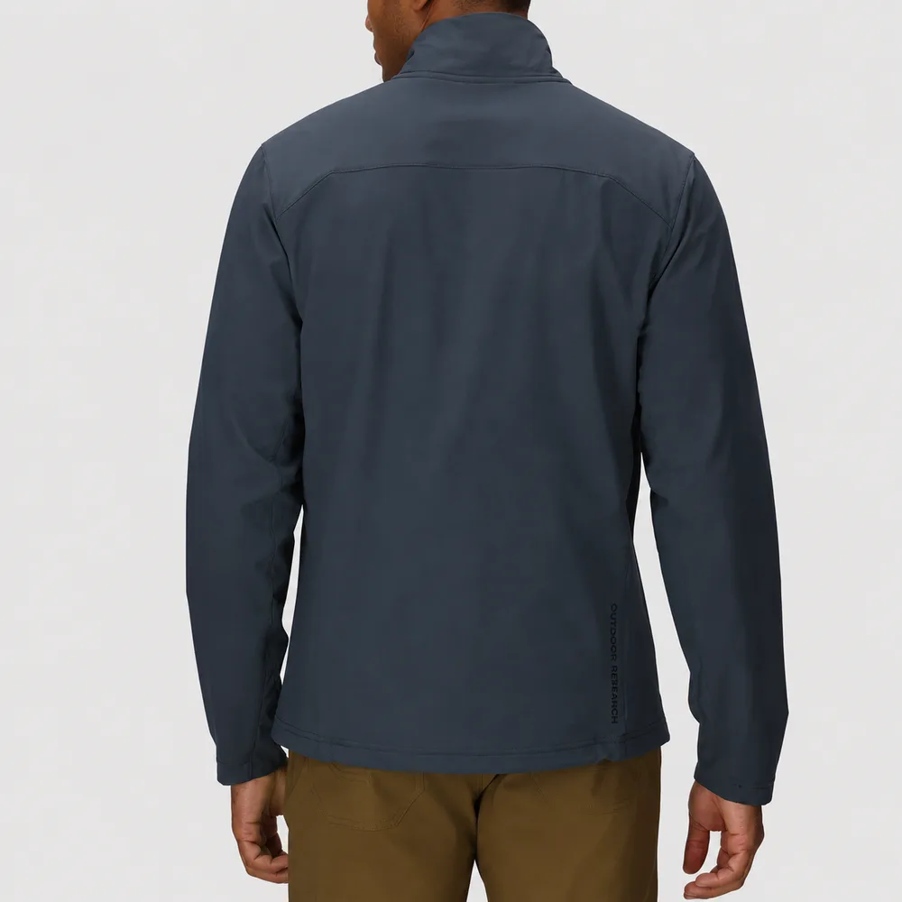 Men’s Softshell Jacket — Navy — Navy, back view, worn