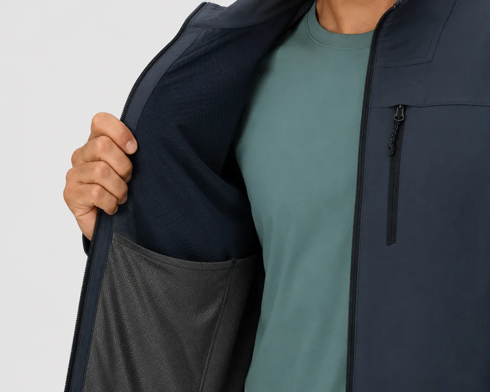 Men’s Softshell Jacket — Navy — Navy, inner pocket detail, worn