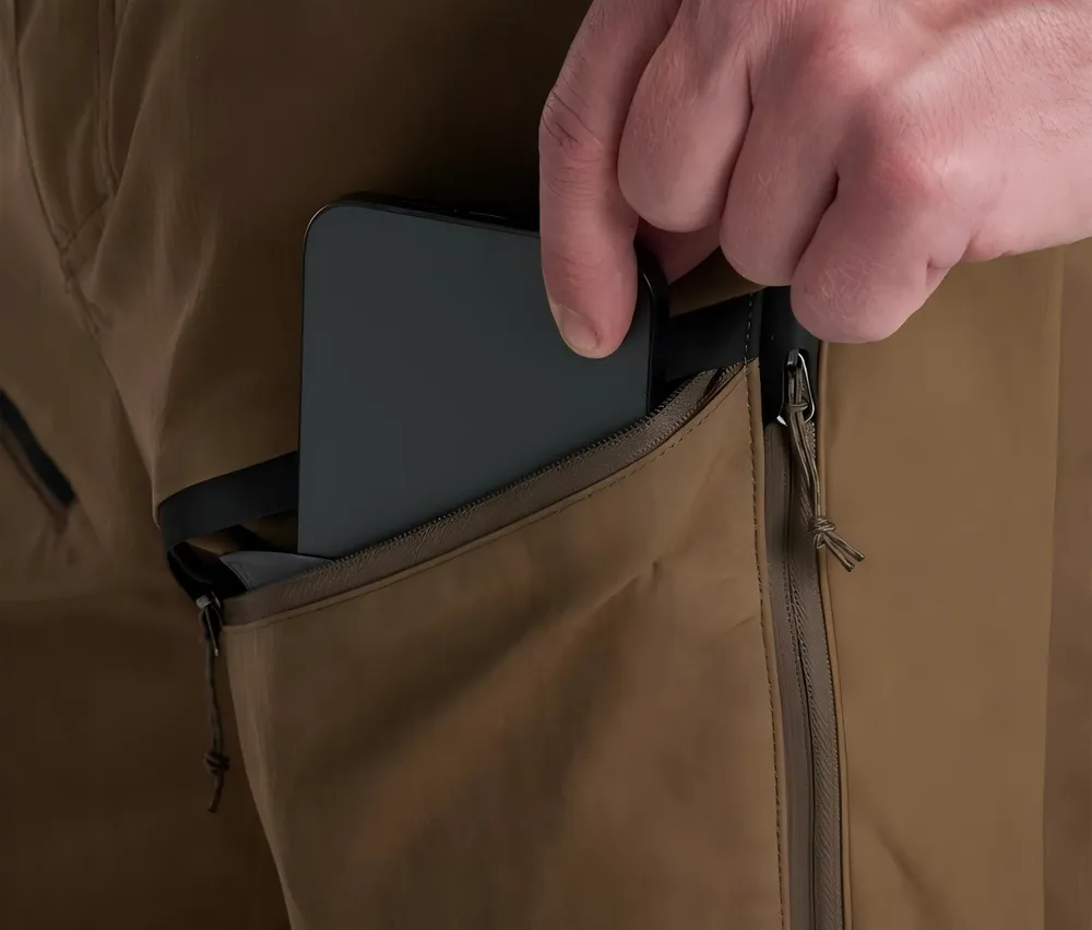 Men’s Softshell Pants — Brown — Brown, thigh pocket detail