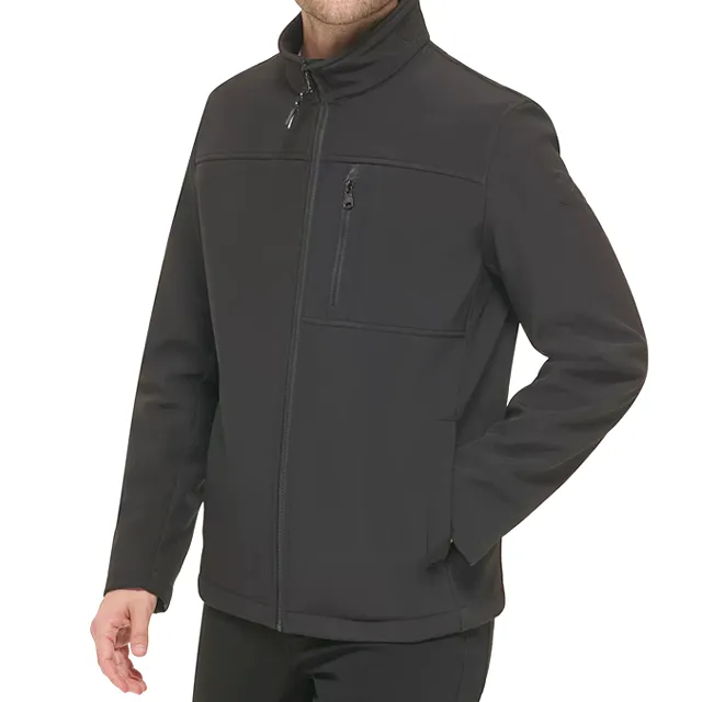 Men’s Fleece-Lined Stand-Collar Softshell Jacket — Black — Black, model front view