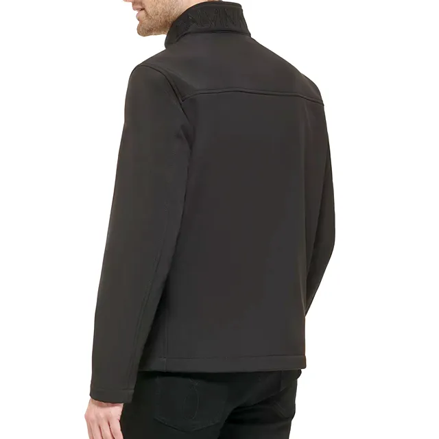 Men’s Fleece-Lined Stand-Collar Softshell Jacket — Black — Black, model back view