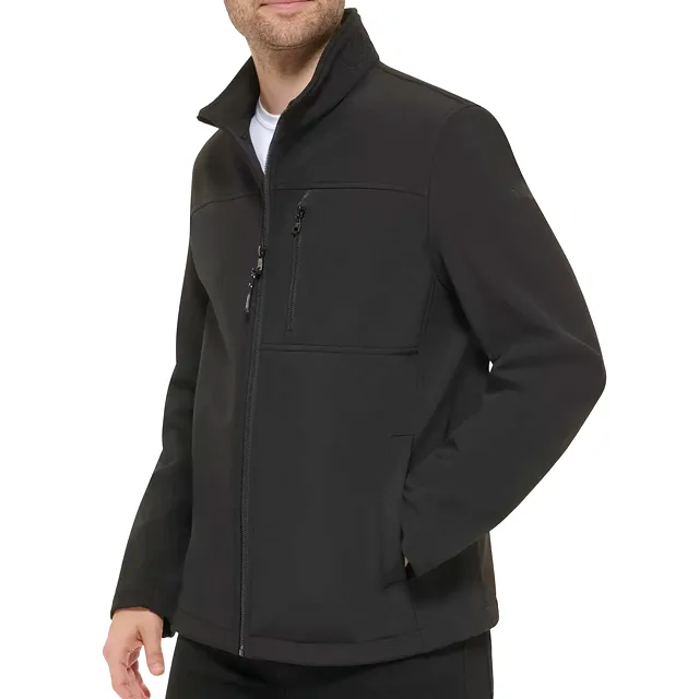 Men’s Fleece-Lined Stand-Collar Softshell Jacket — Black — Black, model side view