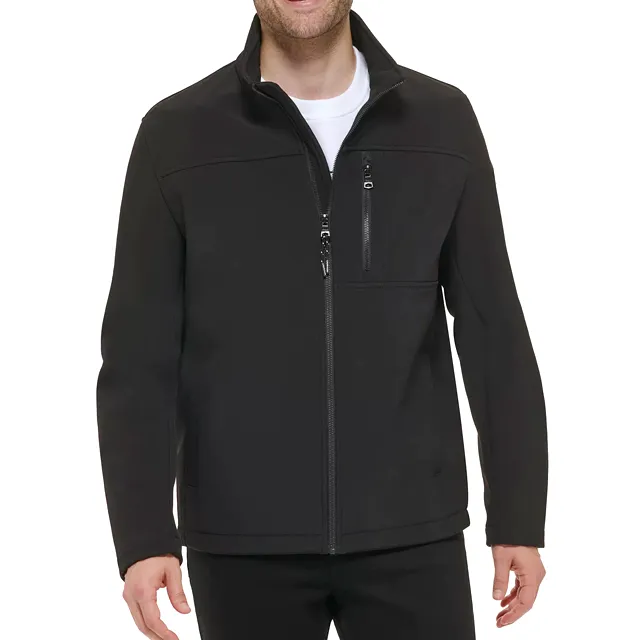 Men’s Fleece-Lined Stand-Collar Softshell Jacket — Black — Black, model front view