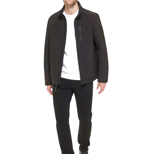 Men’s Fleece-Lined Stand-Collar Softshell Jacket — Black — Black, open front view