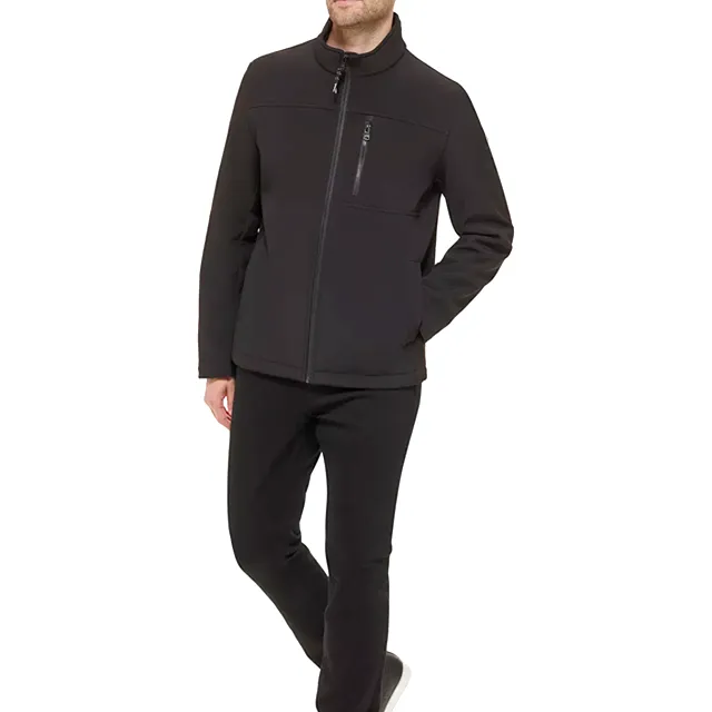 Men’s Fleece-Lined Stand-Collar Softshell Jacket — Black — Black, model full-body view