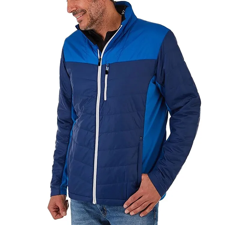 Men’s Stand-Collar Padded Jacket — Blue — Blue, front view, worn