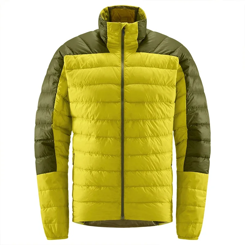 Men's Stand-Collar Puffer Jacket — 3 Colourways — Yellow & Olive, ghost front view, studio