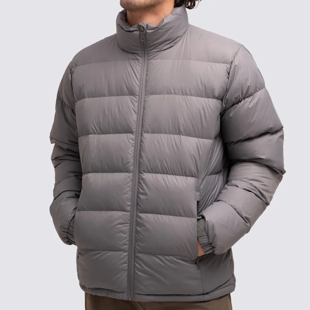 Men’s Stand-Collar Puffer Jacket — Grey — Grey, front view, worn