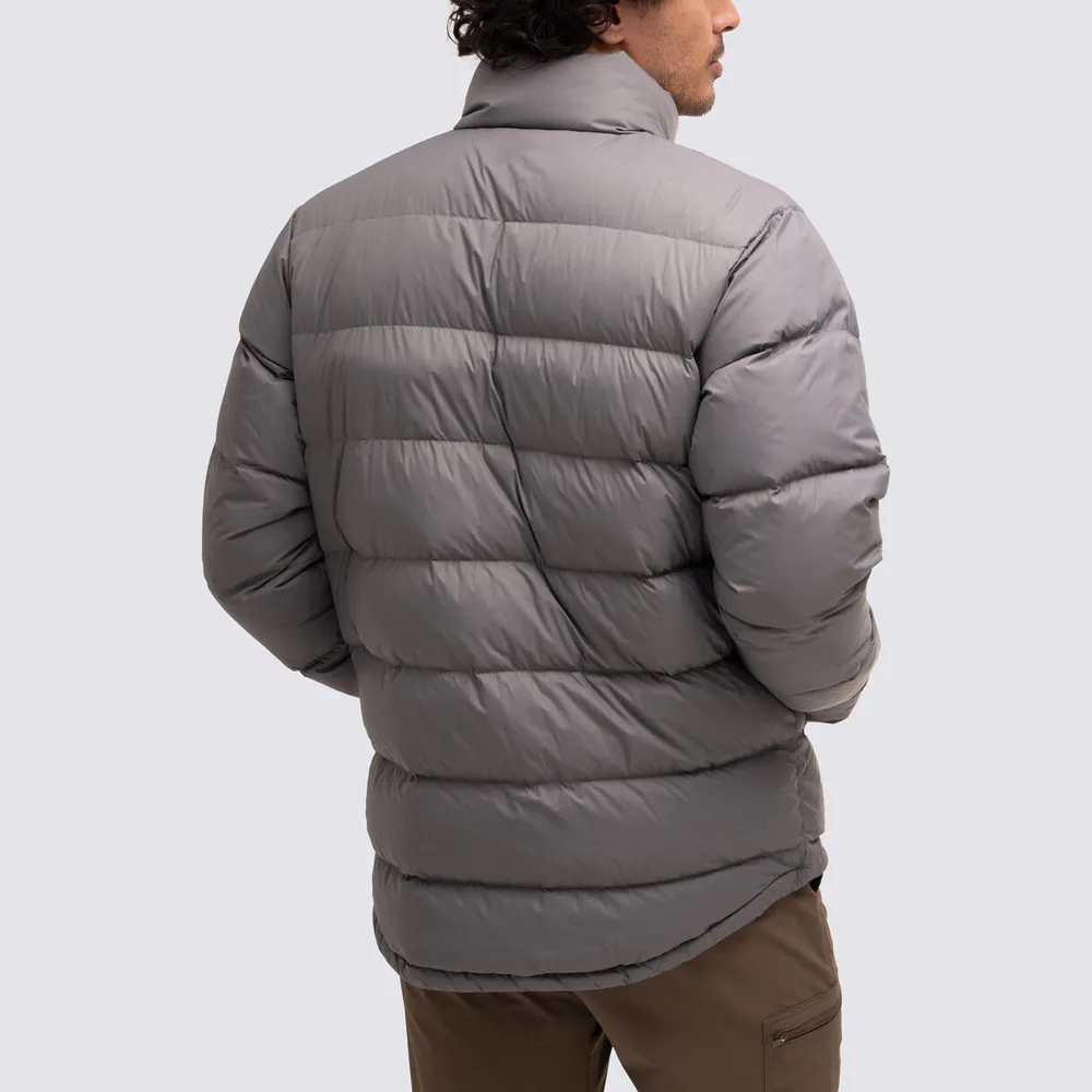 Men’s Stand-Collar Puffer Jacket — Grey — Grey, back view, worn
